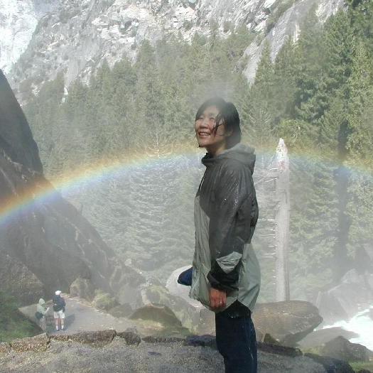 Kim at Vernal Falls, Mist Trail, at Yosemite in 2005
