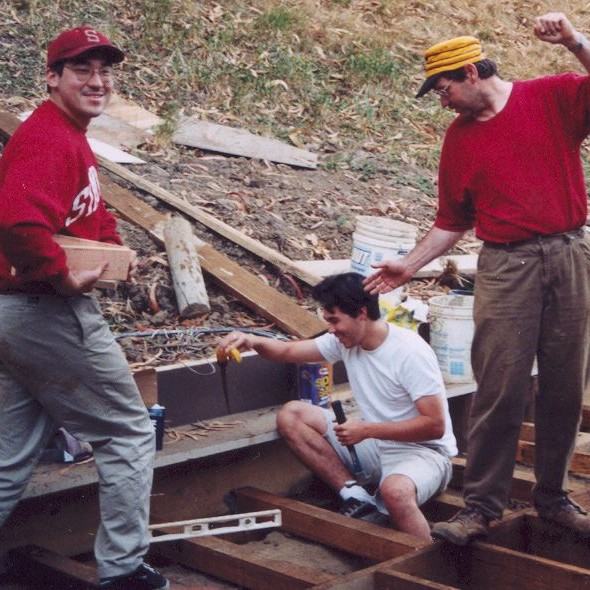 Zachary, Simon & Chris putting in the backyard deck / 1998
